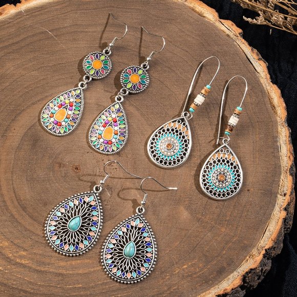 3 Pack Bohemian Colorful Water Drop Earrings - Picture 3 of 5
